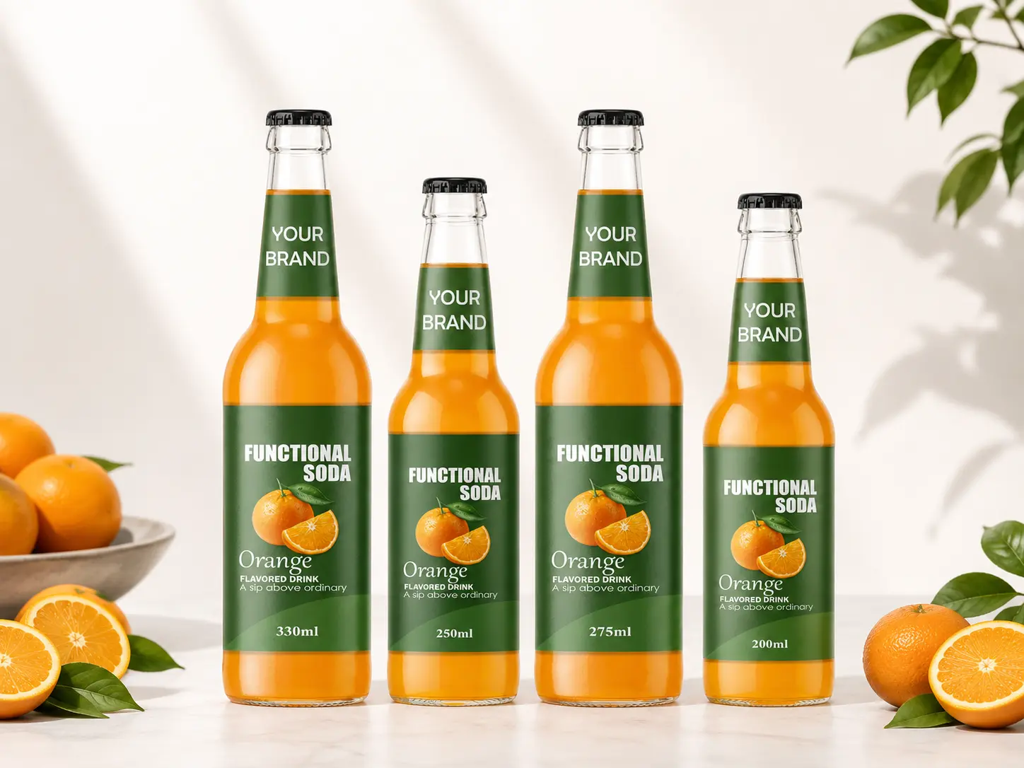 FUNCTIONAL SODA Orange Flavored Drink in 200ml, 250ml, 275ml and 330ml glass bottles.
